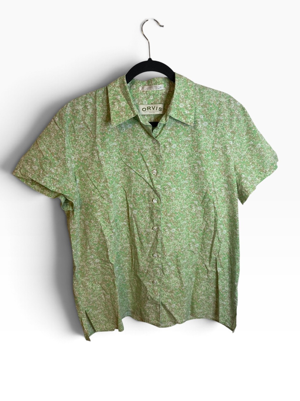 Orvis Vintage Green Micro Floral Short Sleeve Cotton Button Down Shirt